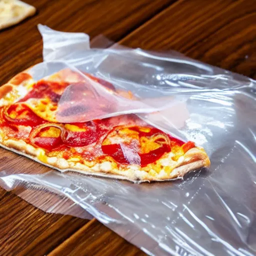 Prompt: a slice of pizza in a sealed plastic bag