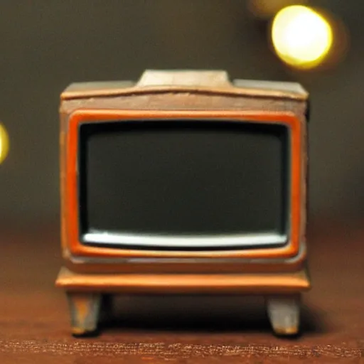 Prompt: tilt shift photo of a miniature antique tv set
