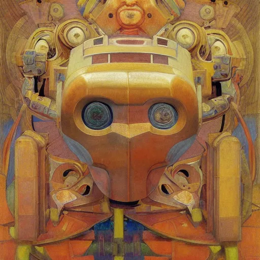 Prompt: painting of the mechanical robot in a floral mask, by annie swynnerton and diego rivera and nicholas roerich and jean delville, symbolist, dramatic lighting, elaborate geometric ornament, art brut, soft cool colors, smooth, sharp focus, extremely detailed, adolf wolfli and donato giancola