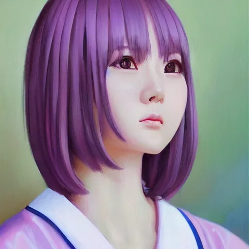 Image similar to Portret of Nakamura Aya, lilac eyes, straight hair cut in a bob, japanese school uniform, front closeup, highly detailed, centered, oil painting, artstation, anime painting by WLOP