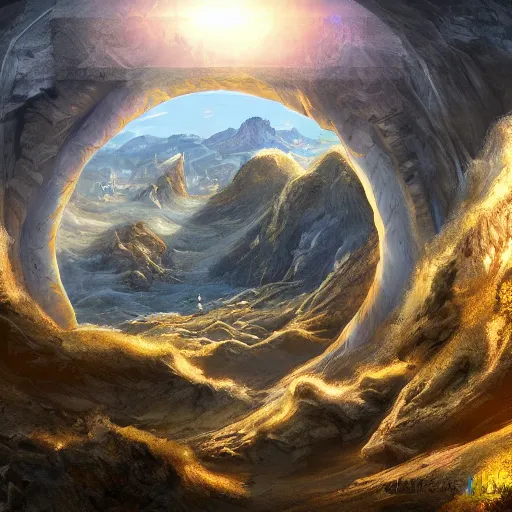Prompt: Multiverse portal in a mountain, digital art, realistic, high definition, detailed, artstation, concept art