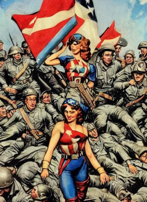 Image similar to beautiful jewish female captain america standing on a pile of defeated german soldiers. feminist captain america wins wwii. american wwii propaganda poster by james gurney