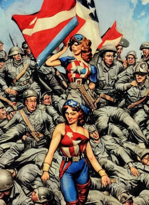 Prompt: beautiful jewish female captain america standing on a pile of defeated german soldiers. feminist captain america wins wwii. american wwii propaganda poster by james gurney