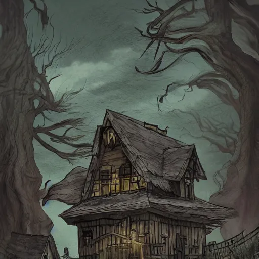 Image similar to scary view of a house in the nightmare realm in the style of studio ghibli, trending on artstation, detailed, scary, nightmare, studio ghibli