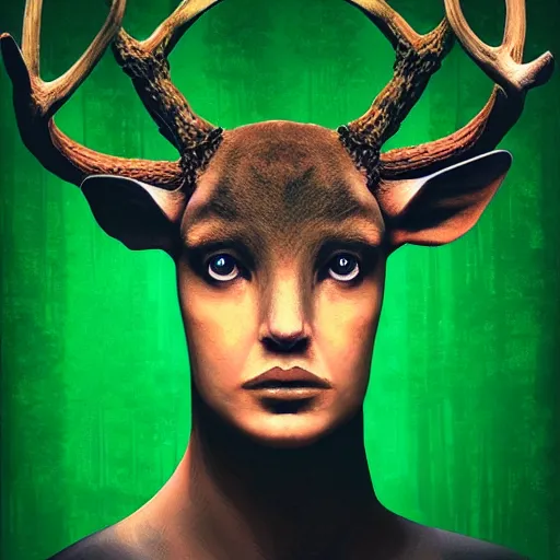 Image similar to a woman facing a giant deer made of green fire, digital art, complex brushstrokes, soft contrast