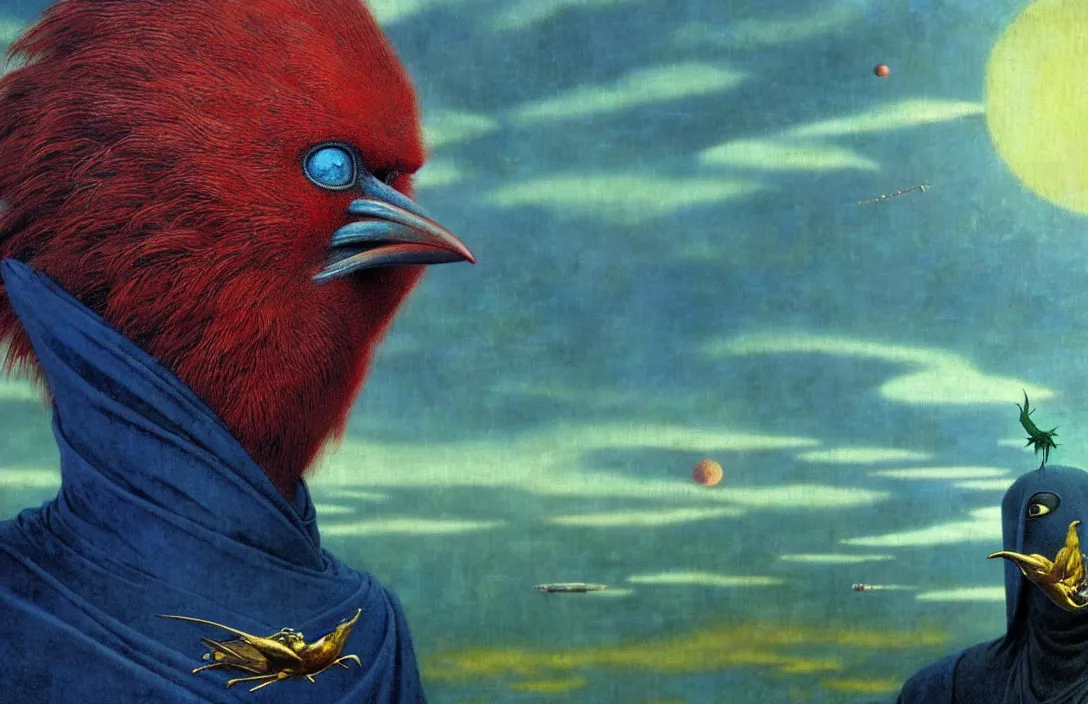 Image similar to realistic detailed portrait movie shot of a birdman wearing a dark robes, sci fi city landscape background by denis villeneuve, amano, yves tanguy, alphonse mucha, ernst haeckel, max ernst, roger dean, masterpiece, rich moody colours, dog teeth, blue eyes, sunset