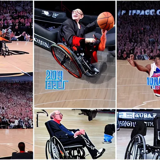 Prompt: photograph of stephen hawking flying through the air on flying wheelchair, dunking, side view, highlights of the 2 0 1 9 nba slam dunking contest