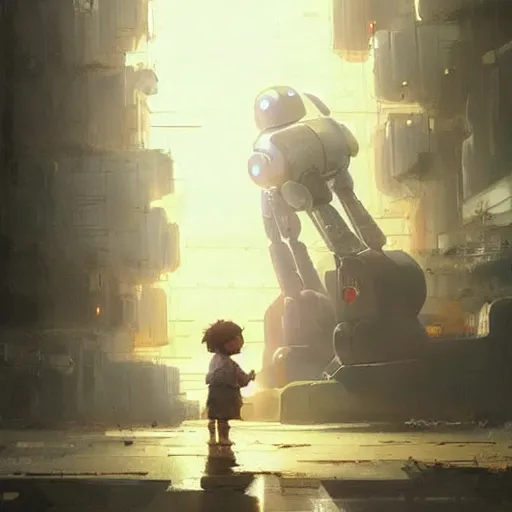 Prompt: a little boy holding hands with an enormous robot. detailed. by greg rutkowski. makoto shinkai. krzysztof maziarz.