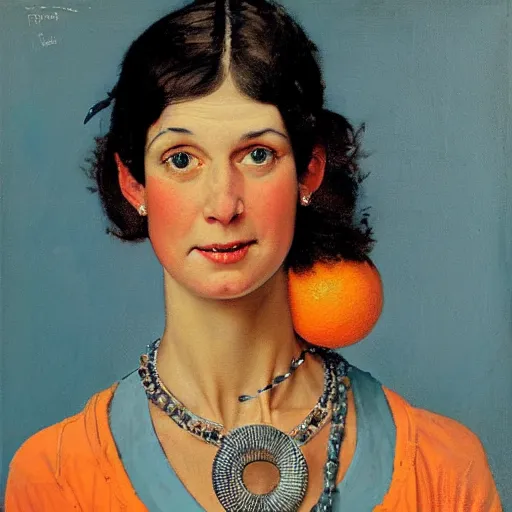 Image similar to Front portrait of an amused woman with black hair and ice blue eyes, wearing a spiked necklace and an orange tank top. A painting by Norman Rockwell.