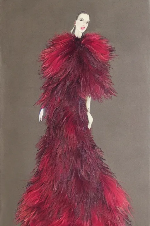 Image similar to a light feminine dress made of feathers and burgundy fur, fashion design, stylized, oil painting