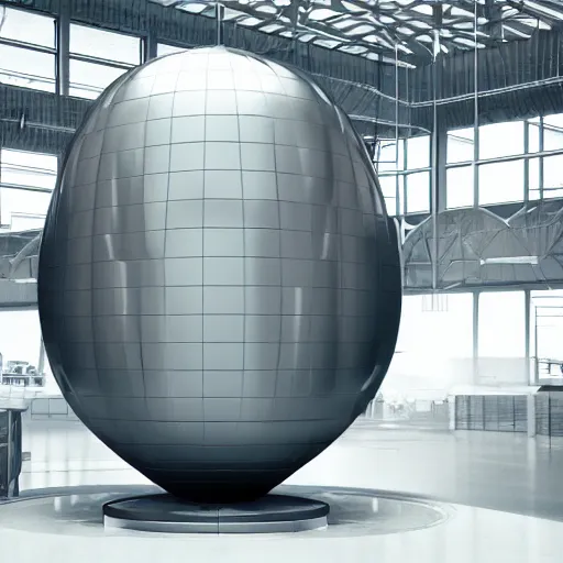 Image similar to big metallic capsule connected to pipelines, purpose is pump, standing in large industrial hall, designed by best engineers, raytracing, reflections