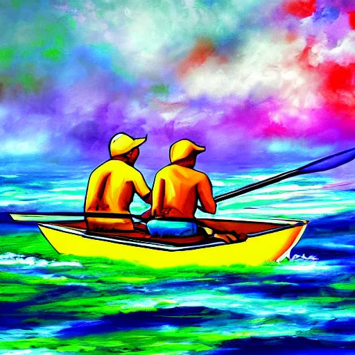 Prompt: boat rowing in an ocean of clouds vibrant colors painted artistic digital painting