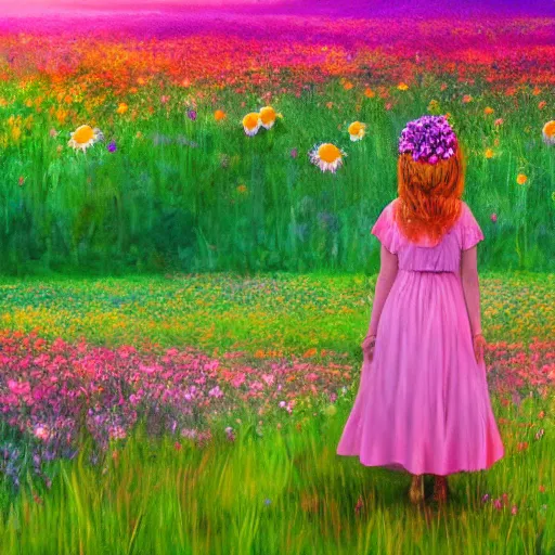 Prompt: full body daisy flower head, girl standing in a flower field, head hidden behind huge daisy flower, surreal photography, sunrise, dramatic light, impressionist painting, colorful clouds, digital painting, artstation, simon stalenhag