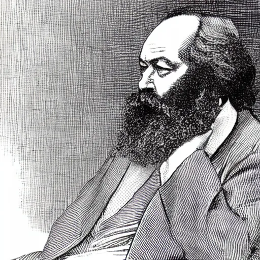 Prompt: Karl Marx pondering his orb