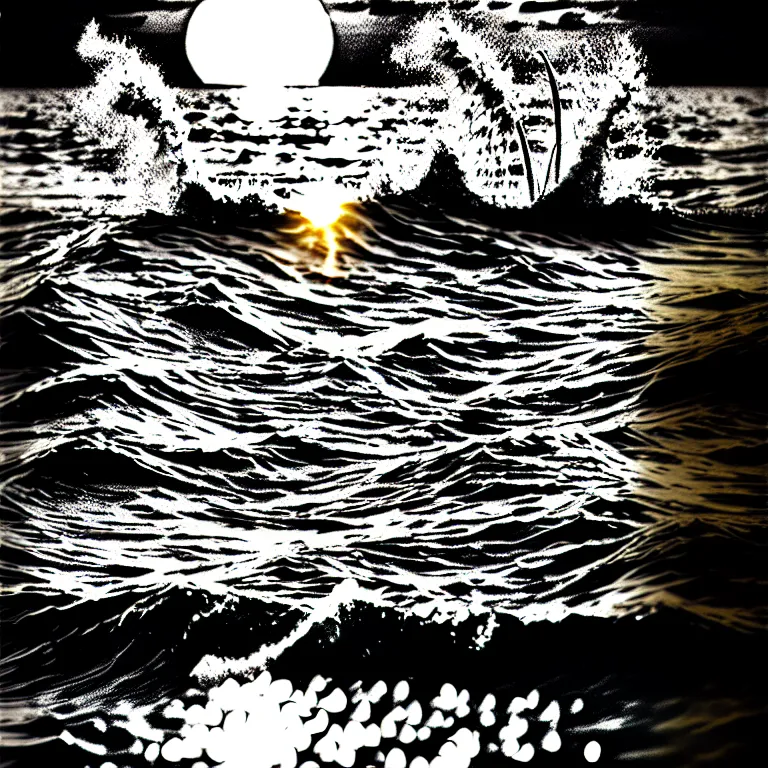 Image similar to corn floating in ocean, waves, sunrise, vintage coutry style, black and white, detailed