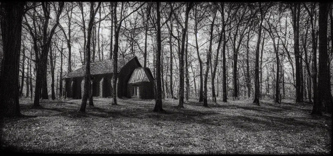 Prompt: church in the wood, pinhole analogue photo quality, monochrome, blur, unfocus, 35mm