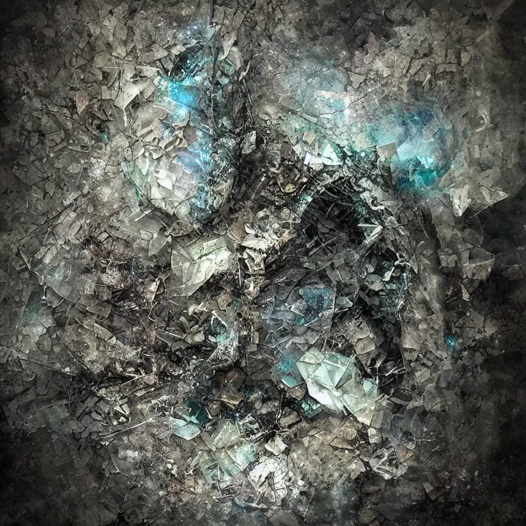 Image similar to clear shining crystals embedded, faded worn decay texture, the merge, intricate concept art painting, fantasy render, the merge, narrative nature grotesque dark,