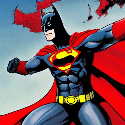 Image similar to Dark black Batman, Light Red Blue Superman, Fighting destroyed city