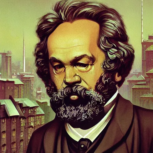 Prompt: Karl marx dreaming about capitalism, highly detailed, very coherent, painted by Francis Bacon and Edward Hopper, Wayne Barlowe, painted by James Gilleard, surrealism, airbrush, art by JamesJean