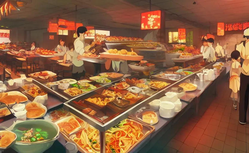 Prompt: rows of food at a Chinese buffet, anime scene by Makoto Shinkai, digital art, 4k