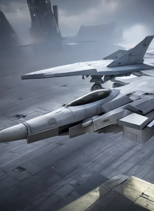 Image similar to hyperrealism, detailed textures, photorealistic 3 d, fighter jet hovering, futuristic stealth, ultra realistic, cinematic, intricate, cinematic light, unreal engine 8 k