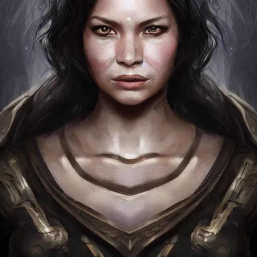 Image similar to beautiful, very strong, mixed race, female, middle aged, face, no makeup, no tattoos, warrior, battle hardened, head shot, fantasy, highly detailed, digital painting, artstation, concept art, smooth, sharp focus, illustration, art by jodie muir and brom