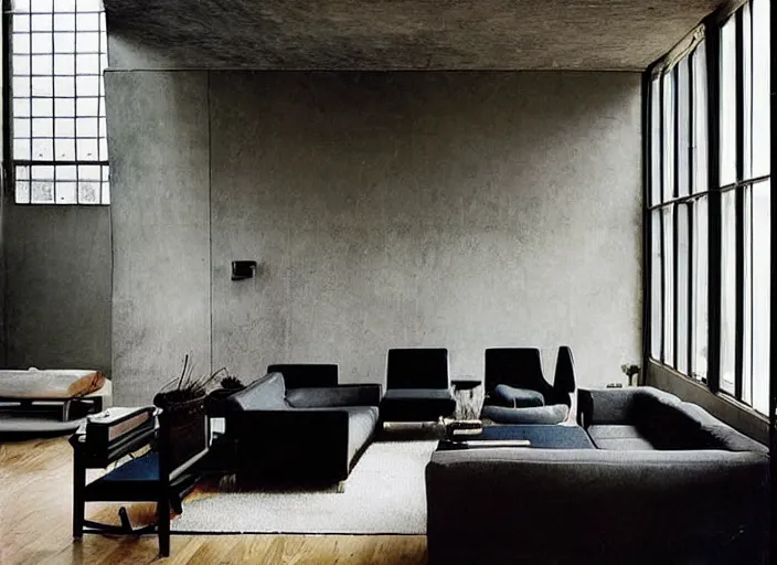 Prompt: “a modern brutalist apartment with minimalist furnishings and art, high ceilings and skylights, houseplants, photographed by Annie Liebovitz”