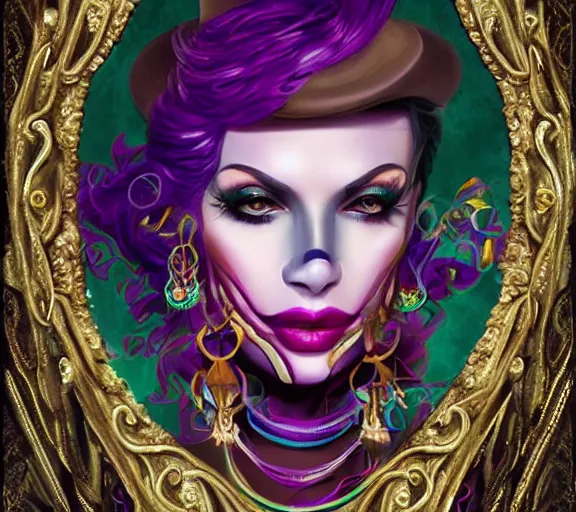 Image similar to beautiful female character inspired by new orleans mardi gras and dada vampire bounty hunter | | digital artwork made by greg rutswork, anna dittmann and lois van barlee, symmetrical rim light, anatomically correct