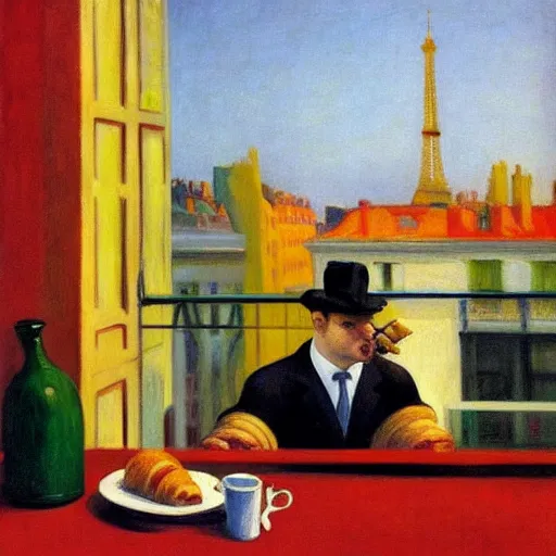 Prompt: dog eating croissants in paris, by edward hopper
