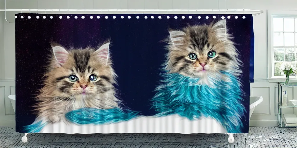 Image similar to a ( ( main coon kitten ) ) little mermaid themed shower curtain, shower curtain product photography. digital art. 4 k, highly detailed. saturated.