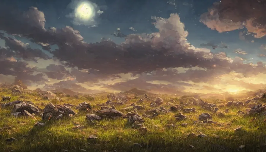 Prompt: the beautiful, dreamy, wistful, panoramic view of dead calvary soldiers on a field and rocks at dusk. my soldiers, rage! hyperrealistic anime background illustration by kim jung ki, colorful, extremely detailed intricate linework, smooth, super sharp focus, bright colors, high contrast, matte, octopath traveler, unreal engine 5 highly rendered, global illumination, radiant light