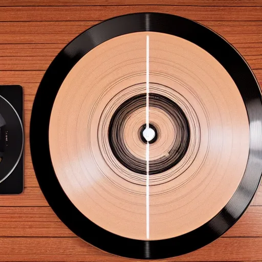 Prompt: vinyl turntable with vinyl record in shape of huge kiwi fruit, 4 k, optical illusion, unreal render, hyperrealistic textures, product shot, top view