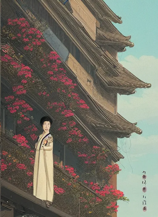 Image similar to Portrait of a Luxurious Korean woman standing on a balcony, female, richly detailed color illustration of a rotocoped-animation-of-flowers-flowing illustrated, detailed face, 19th century, cinematic lighting, digital art painting by simon stalenhag