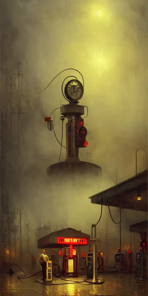 Image similar to a gas station in 1 9 4 0 with yellow and red light in the middle of the night, a men stand up next to the pump, mystical blue fog, oil on canvas, art by andreas achenbach, clemens ascher, tom bagshaw and sabbas apterus,