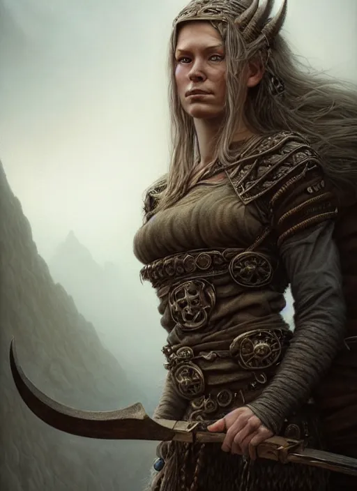 Image similar to closeup portrait shot of a female viking in a scenic dystopian environment, intricate, elegant, highly detailed, centered, digital painting, artstation, concept art, smooth, sharp focus, illustration, artgerm, tomasz alen kopera, peter mohrbacher, donato giancola, joseph christian leyendecker, wlop, boris vallejo