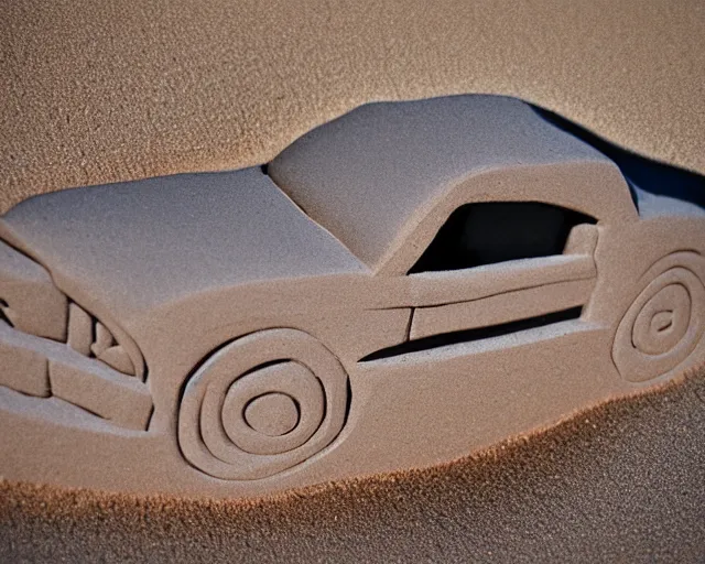 Image similar to sand sculpture of an old mustang car on a black sand beach