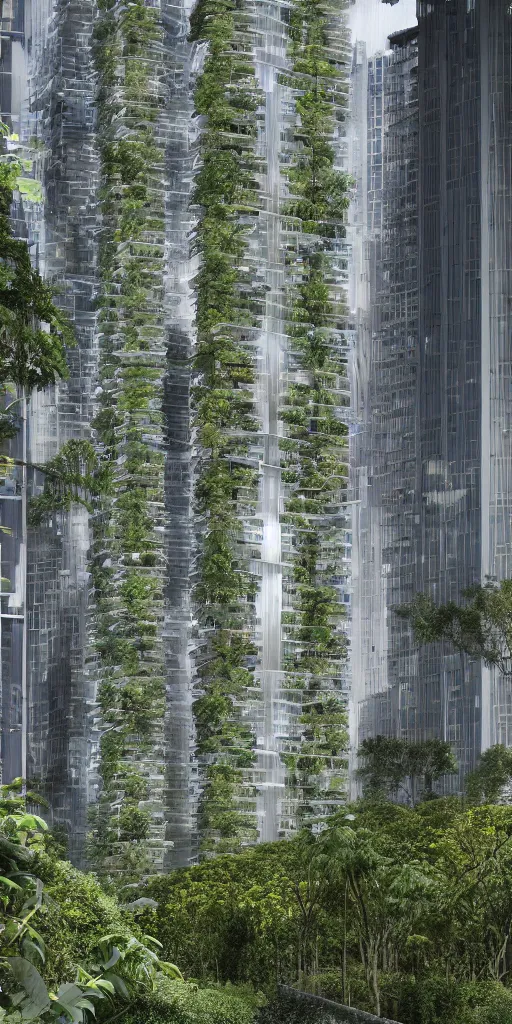 Prompt: elevational photo by Andreas Gursky of tall and slender futuristic mixed-use towers emerging out of the ground. The towers are covered with trees and ferns growing from floors and balconies. The towers are clustered very close together and stand straight and tall. The towers have 100 floors with deep balconies and hanging plants. Cinematic composition, volumetric lighting, architectural photography, 8k, megascans, vray.