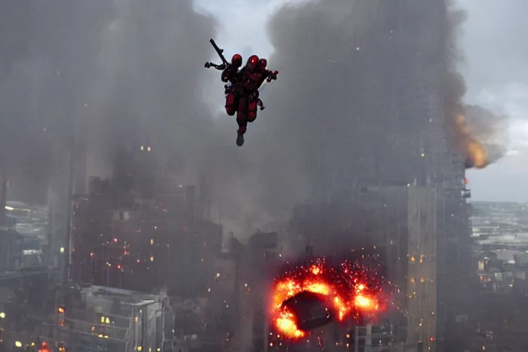 Prompt: militarily helicopter firing missiles and Deadpool leaps off smashes through high rise window, explosions, by Michael Bay