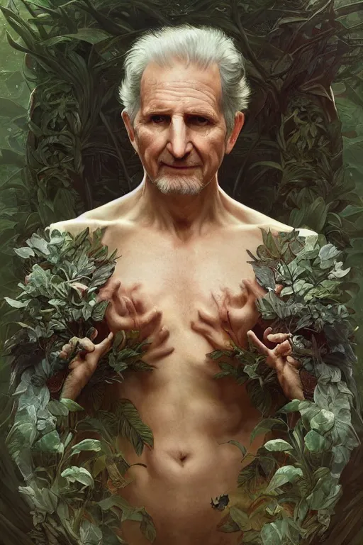 Image similar to portrait of rene auberjonois, forest, godlike, full body, fantasy, intricate, elegant, highly detailed, digital painting, artstation, concept art, sharp focus, illustration, art by artgerm and greg rutkowski and alphonse mucha