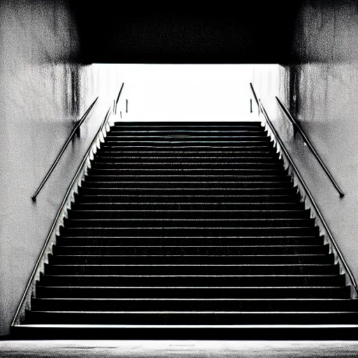 Image similar to black and white surreal photograph, highly detailed vast space made of stairsteps, sideview, detailed textures, natural light, mist, architecture photography, film grain, soft vignette, sigma 1 4 mm f / 1. 4 1 / 1 0 sec shutter, imax 7 0 mm footage