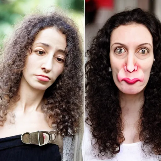 Prompt: sour woman, long face, flat nose, convex mouth, buckteeth, long curly hair