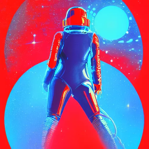 Image similar to vintage sci-fi book cover, a beautiful woman in a spacesuit, warm azure tones, red color bleed, light effects, lit from behind, film grain