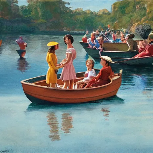 Prompt: The land art depicts a group of well-dressed women and children enjoying a leisurely boat ride on a calm day. The women are chatting and laughing while the children play with a toy boat in the foreground. alternate dimensions by Tibor Nagy, by Ken Kelly angular, doom