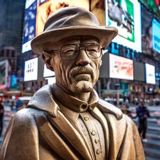 Prompt: a long shot of a very detailed renaissance sculpture of walter white in a hat by michelangelo, standing in times square, 3 d render, hyper detailed, sharp focus, 8 k resolution