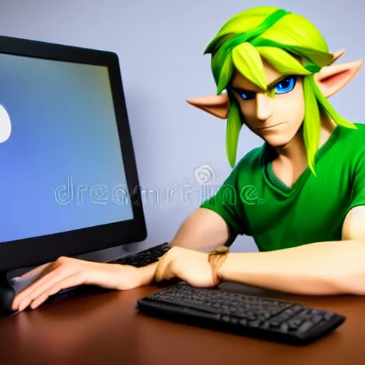 Image similar to link from zelda using computer, stock image