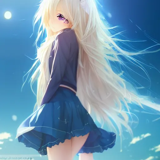 Image similar to a very beautiful anime cute girl, full body, long wavy blond hair, sky blue eyes, full round face, short smile, fancy top, miniskirt, front view, summer lake setting, cinematic lightning, medium shot, mid-shot, highly detailed, cinematic wallpaper by Stanley Artgerm Lau