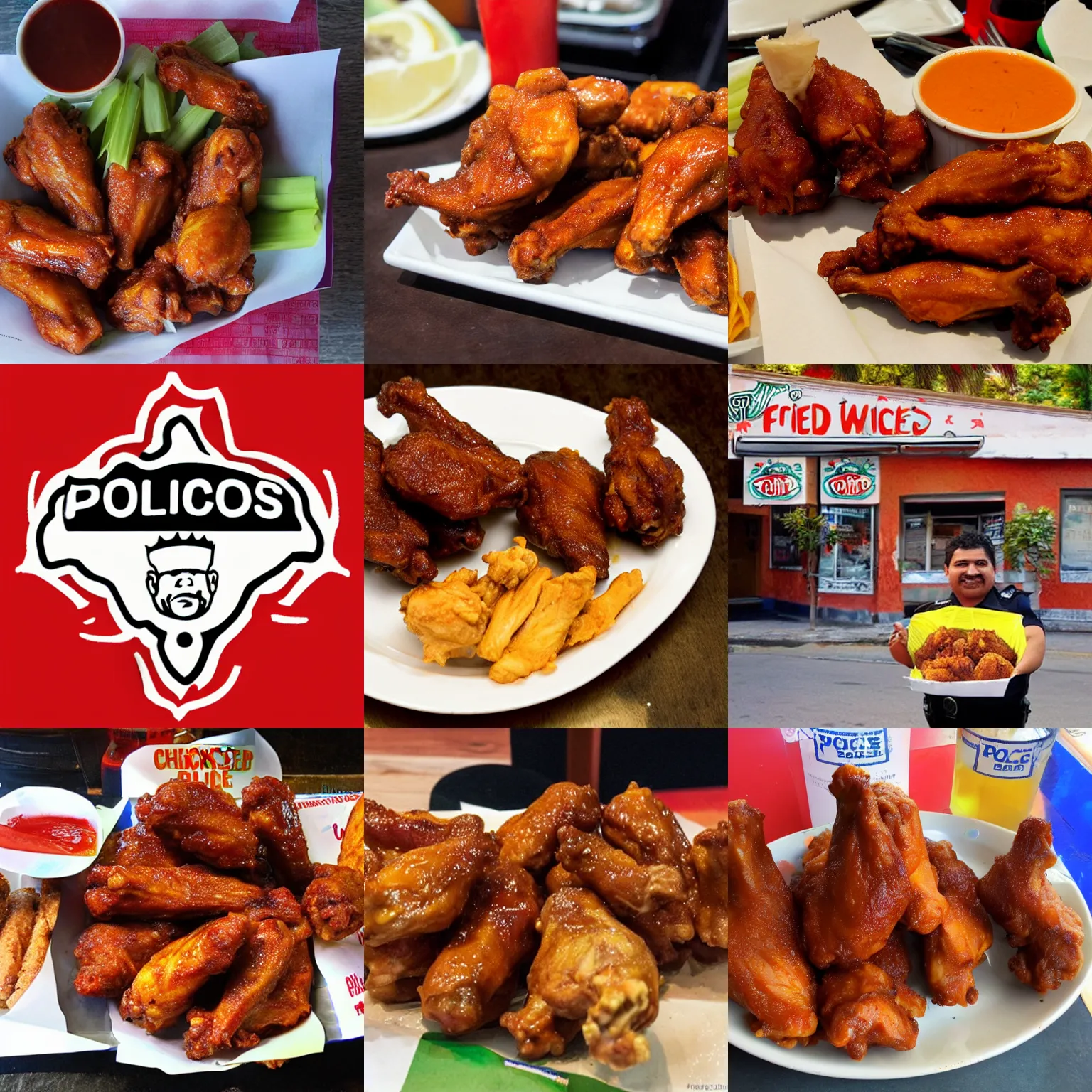 Prompt: los police hermanos, police chicken wings, fried chicken police restaurant