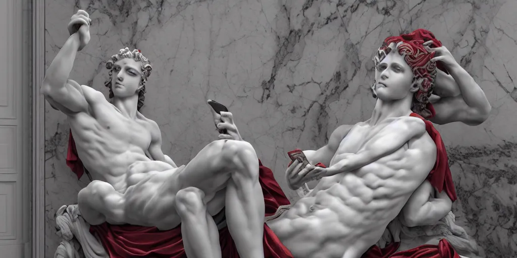 Image similar to baroque delicate full-body marble sculpture of handsome teenage demon boy laying back with arm behind his head while checking his notifications on his phone, red silk flowing fabric, marble white columns, black plastic, black tar particles, iridescent accents, sakura color scheme, intricate artwork by caravaggio, Trending on artstation, octane render, cinematic, hyper realism, octane render, 8k, depth of field, bokeh