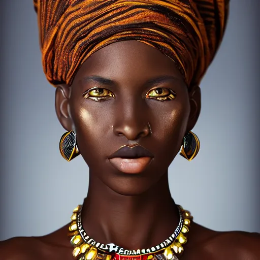 Image similar to vintage portrait of a stunningly beautiful west african tribal female, depth of field, zeiss lens, detailed, symmetrical, centered, fashion photoshoot, by edward s curtis, Annie Leibovitz and Steve McCurry, David Lazar, Jimmy Nelsson, Breathtaking, 8k resolution, extremely detailed, beautiful, establishing shot, artistic, hyperrealistic, beautiful face, octane render