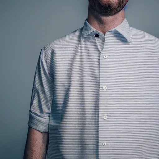 Prompt: man wearing shirt made of smaller shirts, 2 0 mm lens, photography